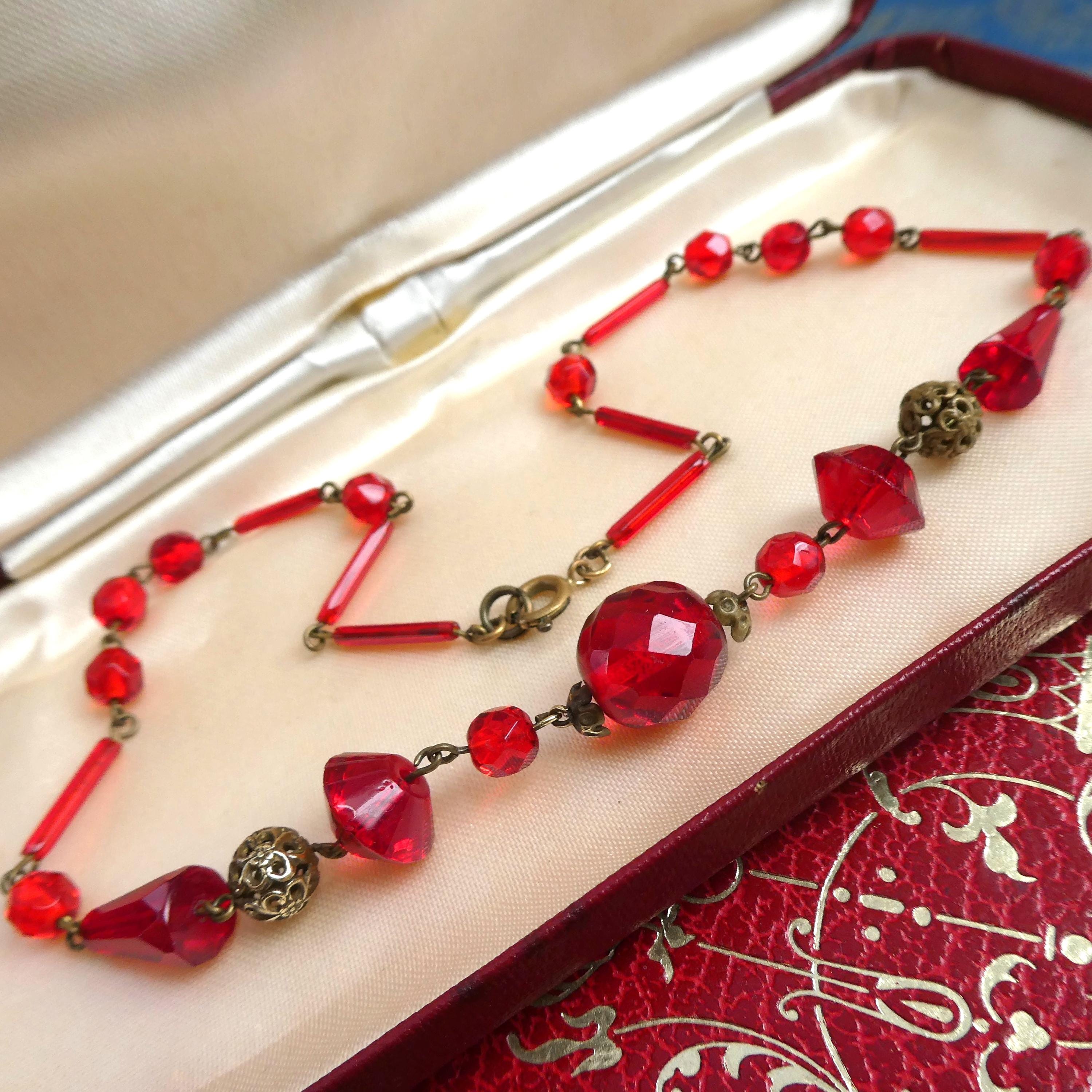 Antique 1920s Deco Neiger Brothers Necklace Chinoiserie Pierced Spheres & Blood Red Czech (Bohemian) Crystal