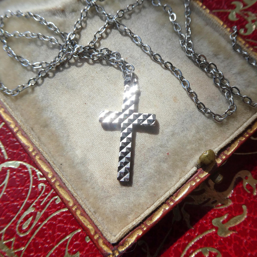 Vintage Diamond Cut Cross Pendant 1970s Shiny Mod Polished Christian Jewelry